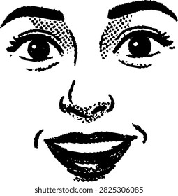 illustration of a happy smiling face featuring vintage comic book halftone shading and detailed facial features.