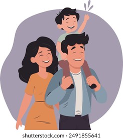 Ilustración de una familia feliz y sonriente, papá carga a su hijo sobre sus hombros y mamá camina junto a ellos