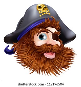 Illustration of a happy smiling pirate face with an eye patch and skull and crossed bones on his pirate hat