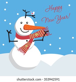 Illustration of a happy snowman. Greeting Cards Happy New Year.