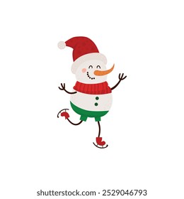 Illustration of a happy snowman wearing a red hat and scarf, skating on one leg with a playful, festive expression.