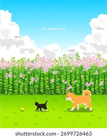 Ilustração de um feliz dia de primavera quando cães, gatos e patos caminham juntos em um campo de flores sob um céu azul