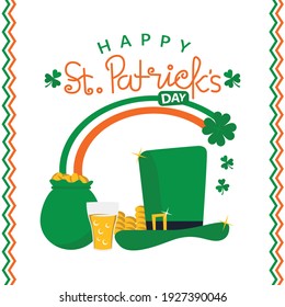 Ilustración de la celebración del Día de San Patricio Feliz con sombrero de Leprechaun, hojas de trébol, una olla de oro, una pinta de cerveza y un arcoiris de color de la bandera irlandesa.