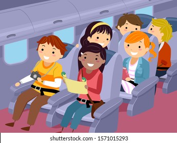 Illustration of Happy Stickman Teenage Girls and Guys Sitting in an Airplane