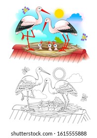 Illustration of happy stork family with mother, father and babies in the nest. Colorful and black and white page for coloring book for kids. Printable worksheet for children textbook. Vector image.