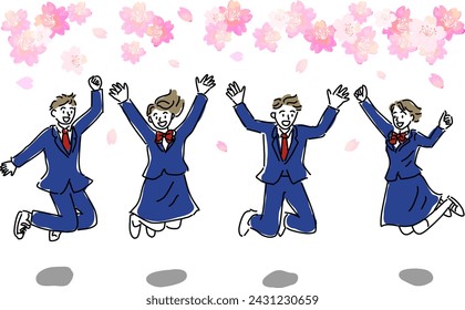 Ilustración de estudiantes felices saltando delante de flores de cerezo