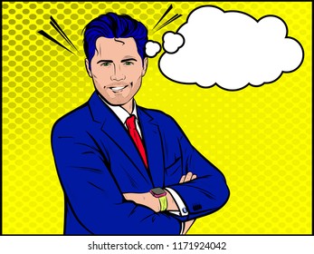Illustration of happy successful man in suit with crossed hands. Half-length portrait of business man smiling and thinking. Vector Retro Vintage Pop Art Cartoon