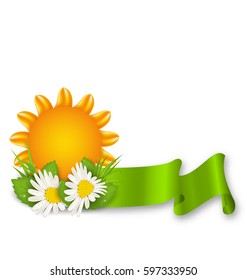 Illustration Happy Summer Background with Chamomiles Flowers and Ribbon - Vector