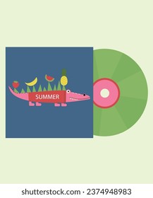  Ilustración Feliz verano con álbum compacto y cocodrilo, frutas