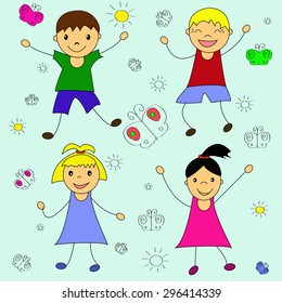 Illustration of happy summer kids, vector.