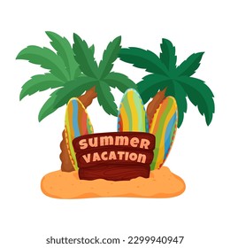 Illustration of happy summer, summer vacations, relaxing on the beach, surfing, palm trees, vector
