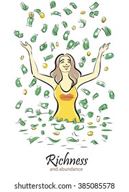 Illustration happy super rich successful woman