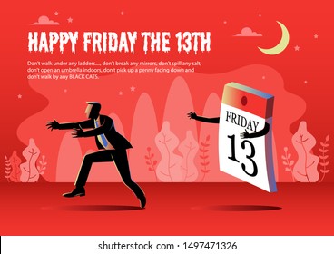 Illustration of Happy superstition, Friday with a businessman chasing by the number 13 calendar of the month