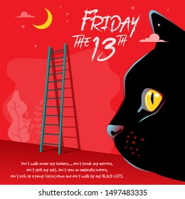 Illustration of Happy superstition, Friday with a cat face and ladder in the background