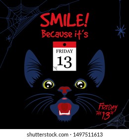 Illustration of Happy superstition, Friday with a cat face and 13th date calendar