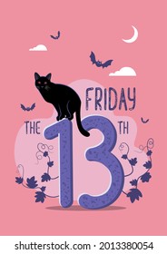 Illustration of Happy superstition, Friday with a cat sitting on 13 number