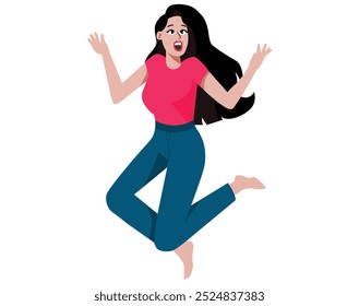illustration of a happy surprised woman in jeans jumping. She has long red hair and wears a white shirt. The background is white