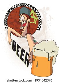 ilustración de una feliz persona tatuada celebrando con jarra de cerveza en primer plano con fondo de ladrillo circular y logo de la anarquía
