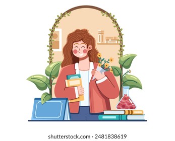Illustration of a happy teacher standing at a classroom desk, holding a bouquet of flowers given by a student. The teacher wears a warm smile, with educational elements like books and a science flask 