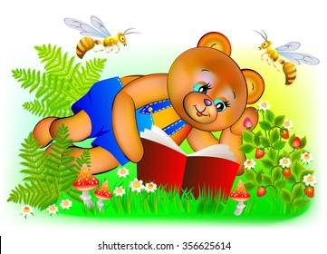 Illustration of happy teddy bear reading a book, vector cartoon image.
