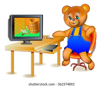 Illustration of happy teddy bear seeing honey in computer, vector cartoon image.