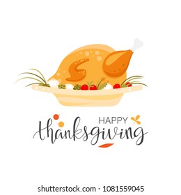 Illustration of Happy Thanksgiving Day lettering and roasted turkey with vegetables on the plate. Autumn holiday vector background.