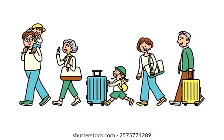 Illustration of happy three generation family going on a trip