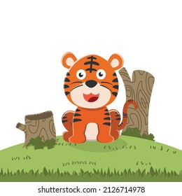 Illustration of a happy tiger in the junggle, Creative vector childish background for fabric, textile, nursery wallpaper, poster, card, brochure. and other decoration.