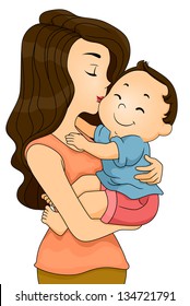 Illustration of a Happy Toddler Boy being Kissed and Cuddled by his Mother