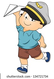 Illustration of a Happy Toddler Boy dressed as a Pilot while playing with a Paper Airplane