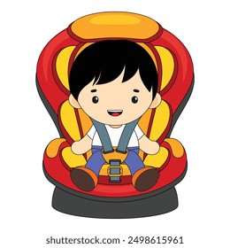 Illustration of a happy toddler sitting on a car seat, wearing his seat belt