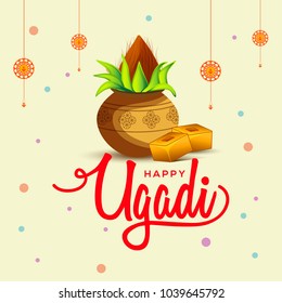 Illustration Of Happy Ugadi Greeting Card Background With Decorated Kalash.