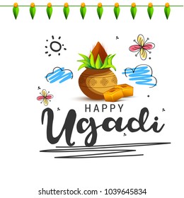 Illustration Of Happy Ugadi Greeting Card Background With Decorated Kalash.