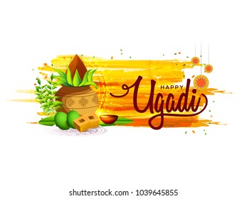 Illustration Of Happy Ugadi Greeting Card Background With Decorated Kalash.