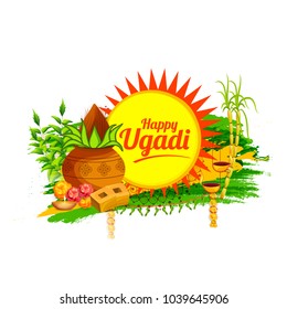 Illustration Of Happy Ugadi Greeting Card Background With Decorated Kalash.