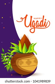 Illustration Of Happy Ugadi Greeting Card Background With Decorated Kalash.