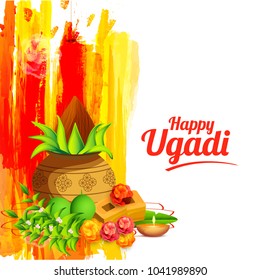 Illustration Of Happy Ugadi Greeting Card Background With Decorated Kalash.