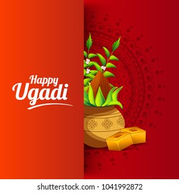 Illustration Of Happy Ugadi Greeting Card Background With Decorated Kalash.