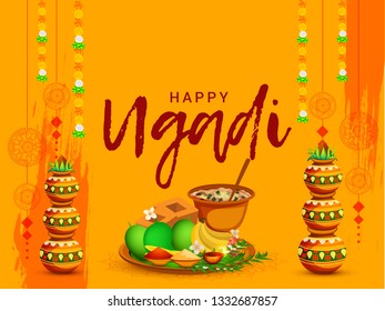 Illustration Of Happy Ugadi Greeting Card Background With Decorated Kalash.