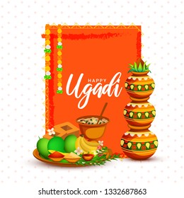 Illustration Of Happy Ugadi Greeting Card Background With Decorated Kalash.