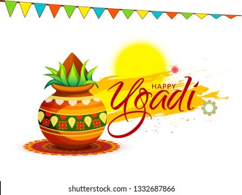 Illustration Of Happy Ugadi Greeting Card Background With Decorated Kalash. Illustration Of Happy Ugadi Greeting Card Background With Decorated Kalash.