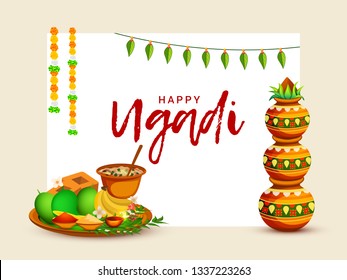 Illustration Of Happy Ugadi \u002F Gudi Padwa Greeting Card Background With Decorated Kalash. Illustration Of Happy Ugadi \u002F Gudi Padwa Greeting Card Background With Decorated Kalash.