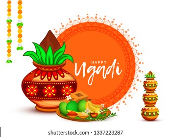 Illustration Of Happy Ugadi / Gudi Padwa Greeting Card Background With Decorated Kalash.