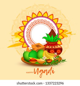 Illustration Of Happy Ugadi \u002F Gudi Padwa Greeting Card Background With Decorated Kalash. Illustration Of Happy Ugadi \u002F Gudi Padwa Greeting Card Background With Decorated Kalash.