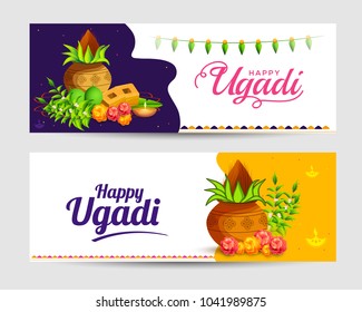 Illustration Of Happy Ugadi Header Or Banner With Decorated Kalash.
