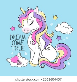 Illustration happy unicorn. Fashionable cute unicorn. Cartoon character.