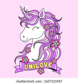 ILLUSTRATION OF A HAPPY UNICORN WITH PURPLE HAIR AND STARS, SLOGAN PRINT VECTOR