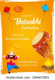 illustration of Happy Vaisakhi / Baisakhi Punjabi festival celebration background invitation card with Punjabi celebration elements and stylish text of Happy Vaisakhi