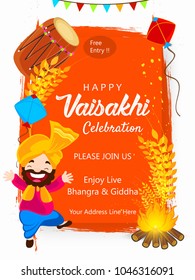 Illustration of Happy Vaisakhi / Baisakhi Punjabi festival celebration background with Punjabi celebration elements and stylish text of Happy Vaisakhi