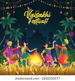 illustration of Happy Vaisakhi festival, Punjabi spring harvest festival of Sikh celebration, with happy india people dancing in the night
